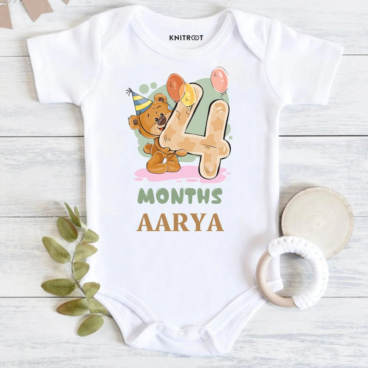 4 Months Teddy Baby Onesie with Name
