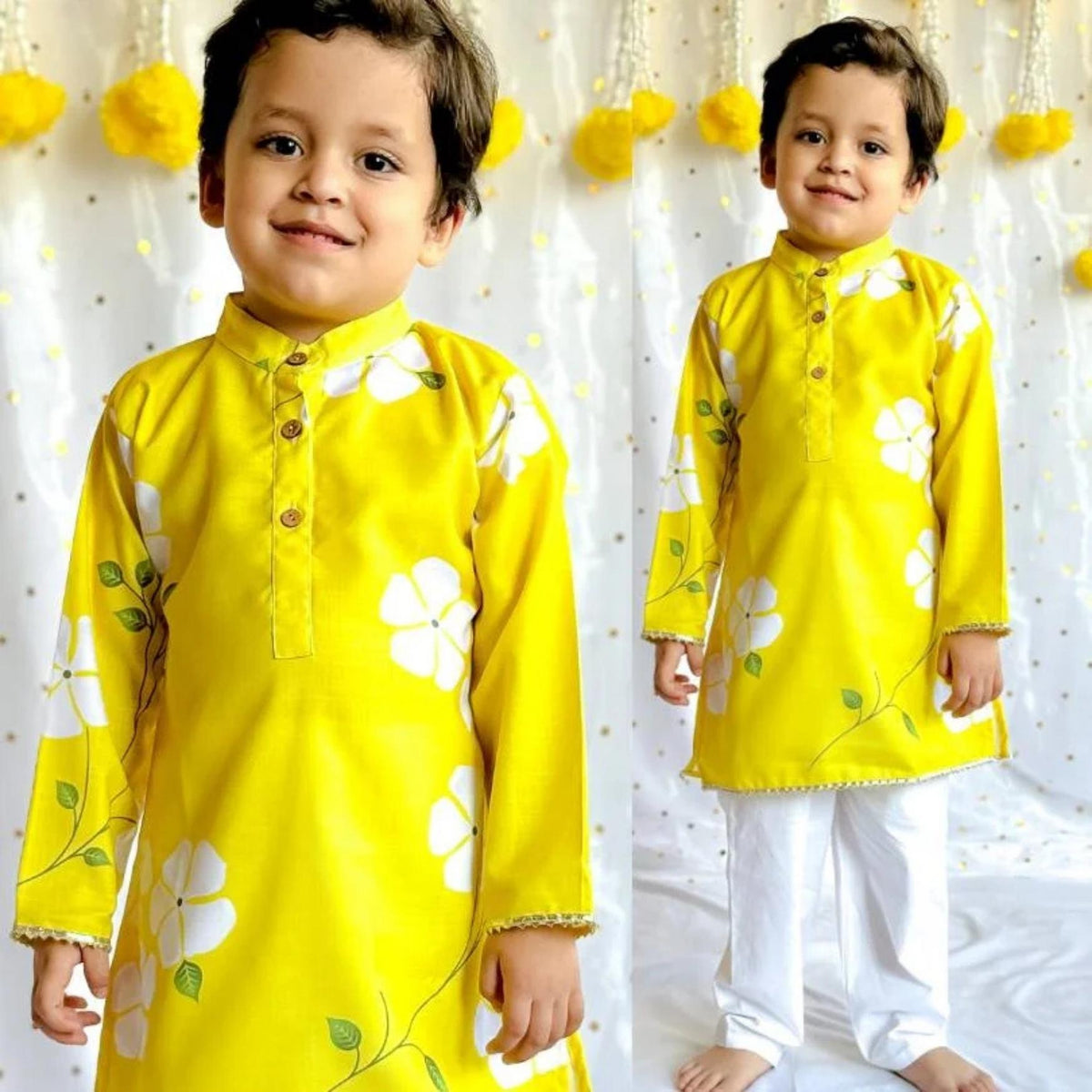 Yellow Kurta with Elegant White Floral Print