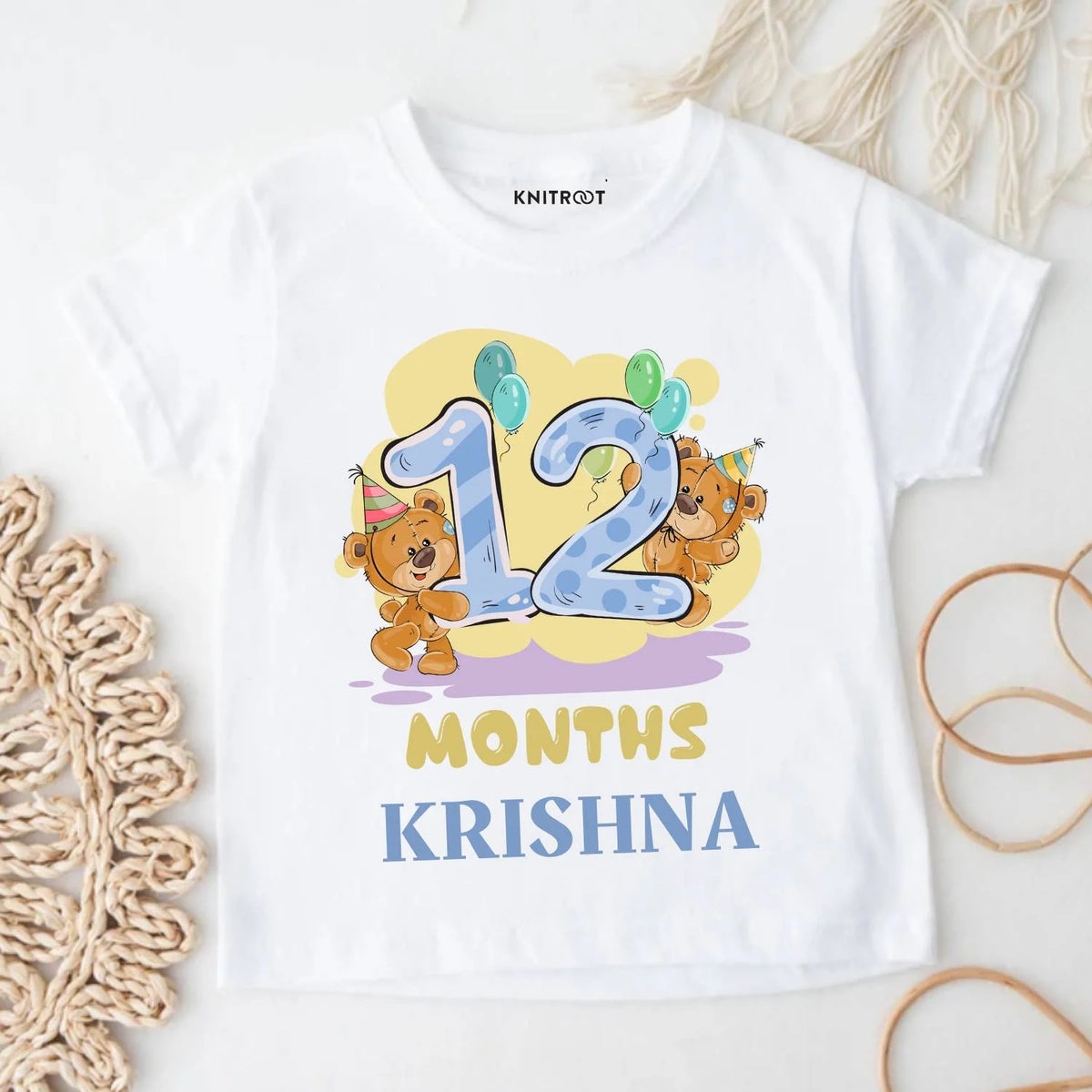 12 Months Birthday Teddy Baby T-shirt with Name
