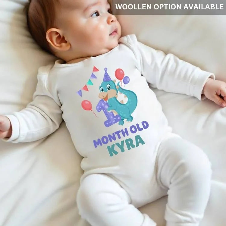 1 Month Dinosaur Baby Jumpsuit with Name – Dino Delight