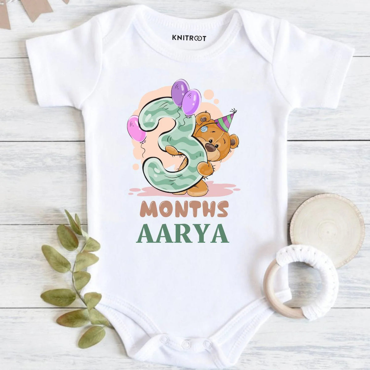 3 Months Teddy Baby Onesie with Name