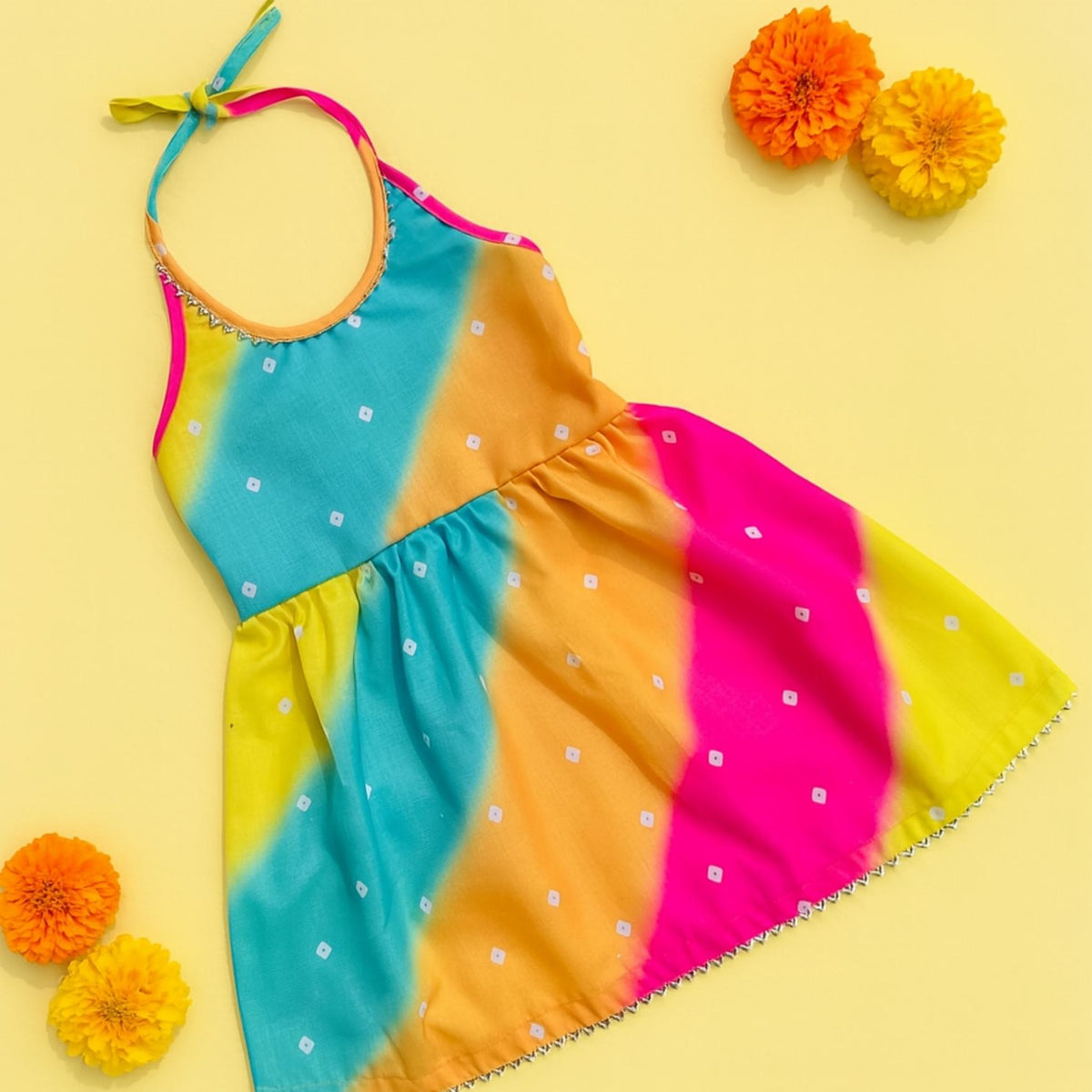 Multi-Color Bandhani Straps Frock for Girls