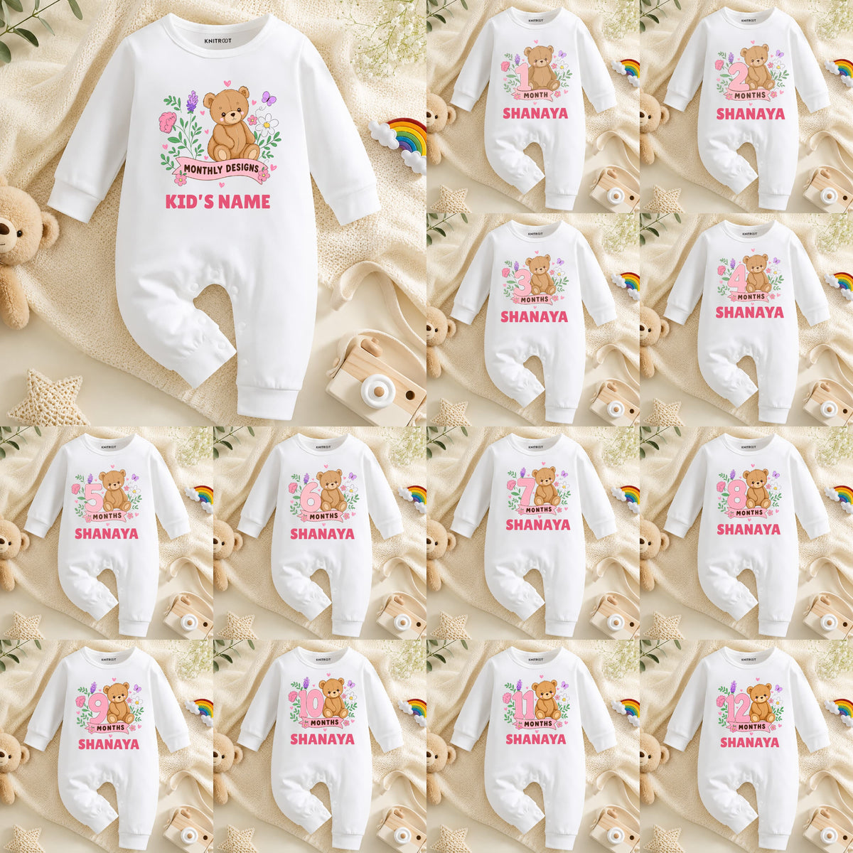 Personalized Baby Monthly Milestone Teddy Cotton Jumpsuit