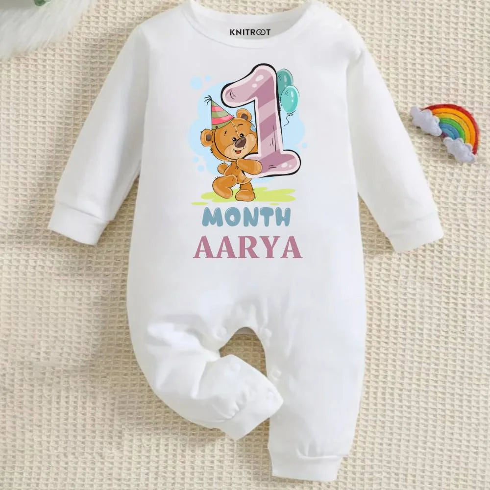 1 Month Teddy Baby Jumpsuit with Name