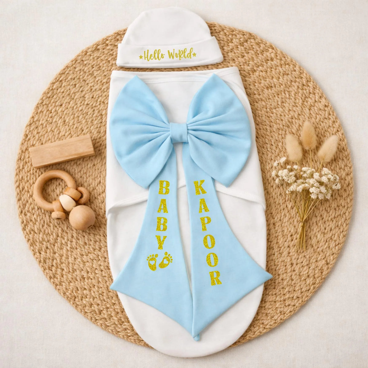 Cute Blue Personalized Baby Bow Wrap