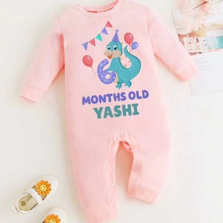 6 Months Dinosaur Baby Jumpsuit with Name – Dino Delight