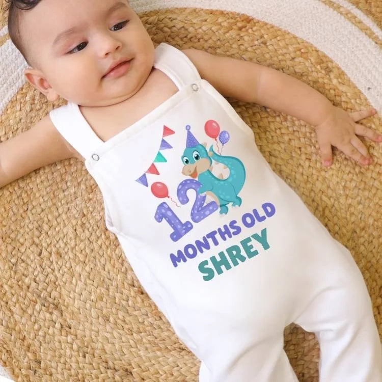 1st Birthday Dinosaur Baby Dungaree with Name – Dino Delight (12 Months)