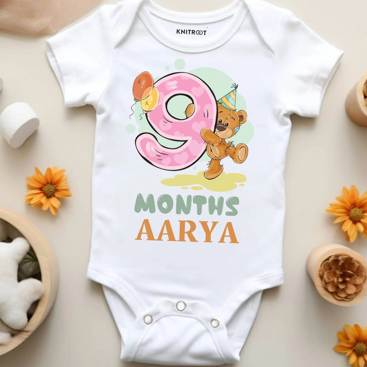 9 Months Teddy Baby Onesie with Name