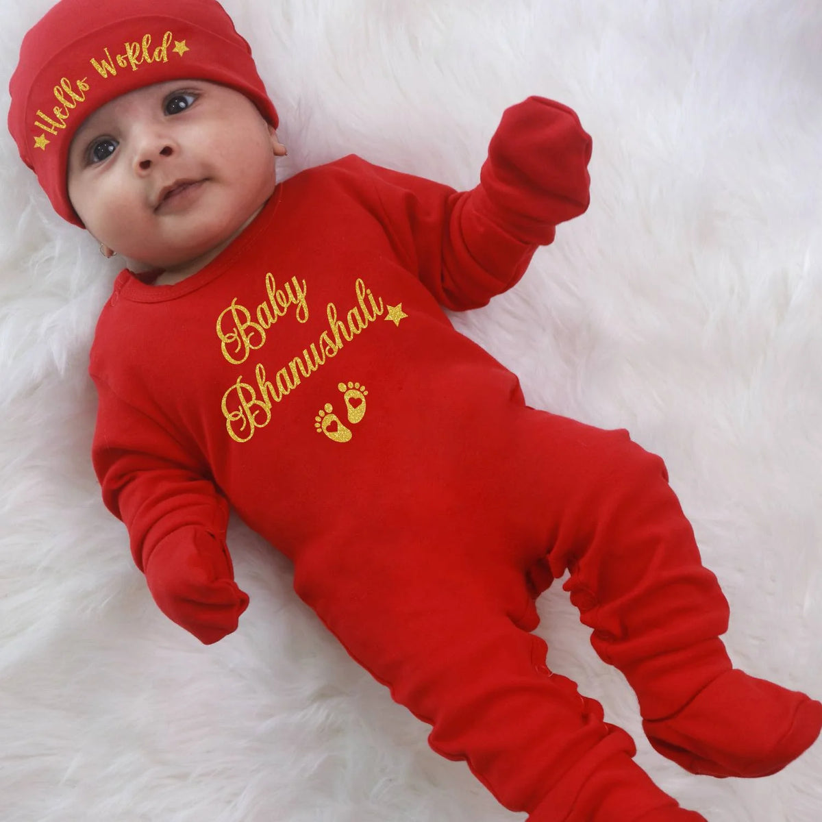 Red Newborn Welcome Home Baby Set (Jumpsuit, Cap, Mittens & Booties)
