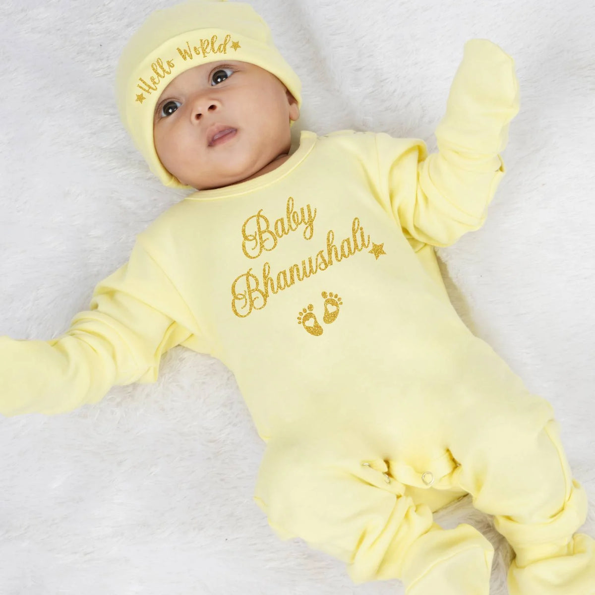 Yellow Newborn Welcome Home Baby Set (Jumpsuit, Cap, Mittens & Booties)