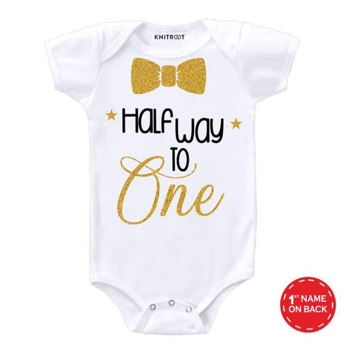 Half way to one golden color glitter baby Onesie